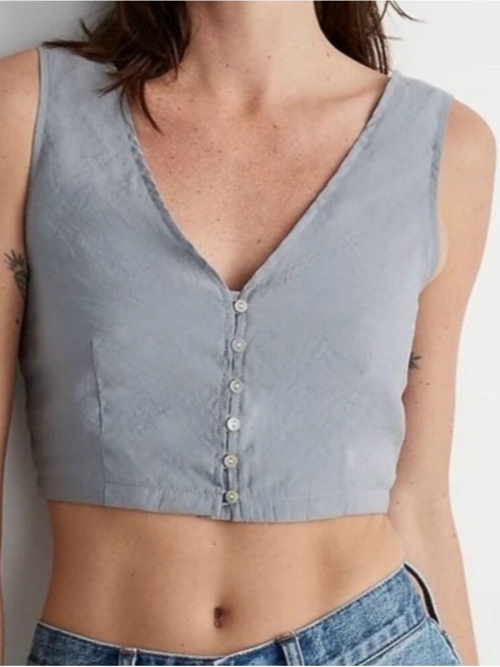 Madewell Blue/Grat Button-Up Crop vest Top